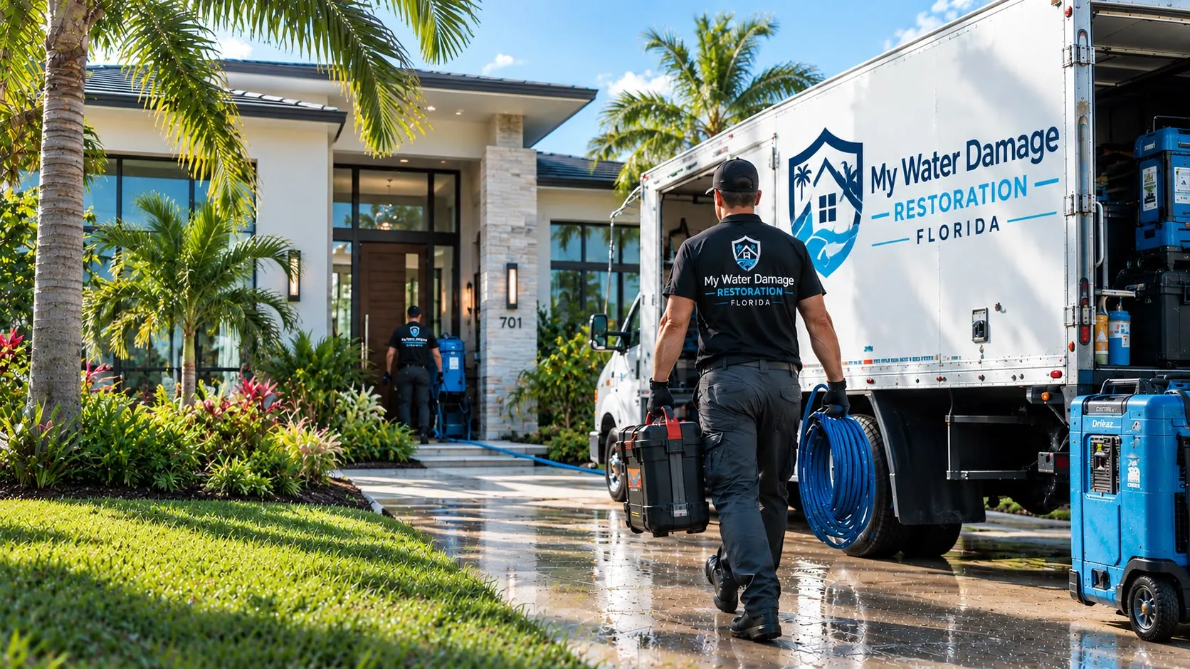 A restoration technician walking up a wet driveway toward a house framed by palm trees, an equipment case in one hand and a coil of hose in the other, a branded box truck alongside
